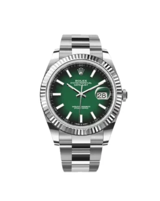 Datejust 41 Green Ombré Dial (2026) — Rolesor (Oystersteel and white gold), green ombré dial — front view of the dial