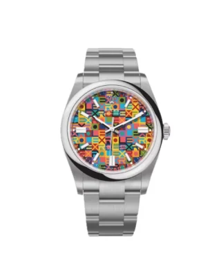 Oyster Perpetual Jubilee Motif 36mm (2026) — Oystersteel, colourful motif dial — front view of the dial