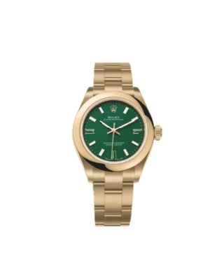Oyster Perpetual Solid Gold 28mm Yellow Gold (2026) — 18k yellow gold, green dial with natural stone markers — front view of the dial