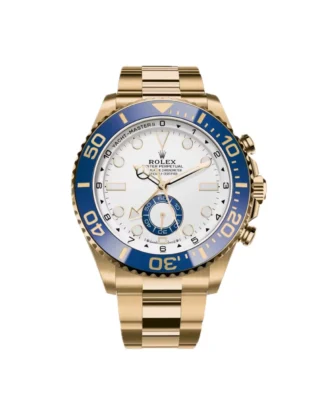 Yacht‑Master II Yellow Gold 44mm (2026 Refresh) — 18k yellow gold, matte white dial with blue Cerachrom bezel — front view of the dial